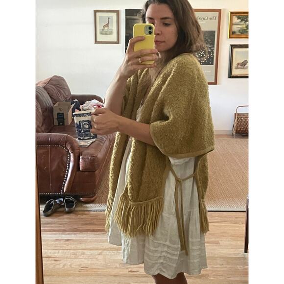 Vintage Fuzzy Knit Mustard Yellow Shawl Tie Side - Picture 3 of 9